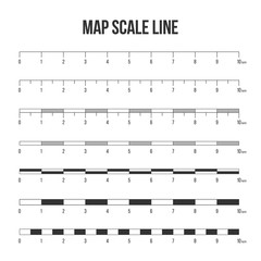 Creative vector illustration of map scale line set isolated on transparent background. Art design unit of measurement. Abstract concept mathematical ratio, fraction graphic element