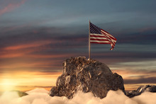 3d Rendering Of Waving American Flag On Rocky Landscape And White Clouds