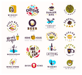 Wall Mural - Collection of vector flat food and alcohol logo set isolated on white background. Hand drawn elements, dish icons. Perfect for restaurant, cafe, catering bars and fast food insignia banners, symbols.