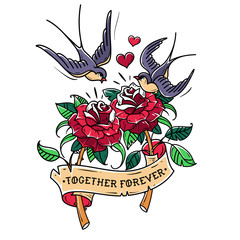 tattoo two red roses with ribbon. swallows fly over roses. roses is wrapped in ribbon with lettering