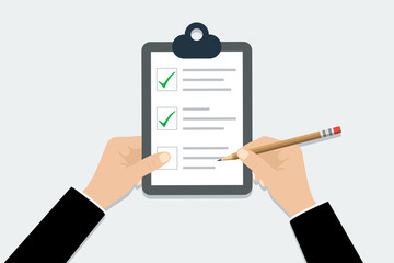Wall Mural - checklist - vector illustration. hand holding clipboard checklist with pencil in trendy flat design