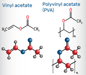 Sticker - Polyvinyl acetate (PVA) polymer and vinyl acetate monomer molecule . Structural chemical formula and molecule model