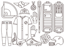 Set Of Baseball And Softball Equipment, Gear, Apparel And Uniform Elements Including Diamond Field, Ball, Bat, Bag And Clothing. Collection Of Base Ball Elements In Outline Design.