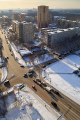 Wall Mural - Aerial view of the residential neighborhood in winter after heavy snowfall. Urban intersection. City of Balashikha, Moscow region, Russia.