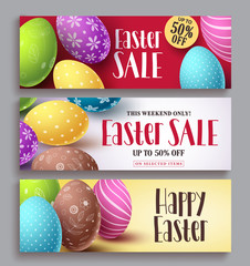 Wall Mural - Easter sale and happy easter vector banner design set with colorful eggs elements. Easter design template collections for greeting card and discount promotions. Vector illustration.
