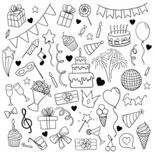 Big Set Of Hand Drawn Doodle Cartoon Objects And Symbols On The Birthday Party. Design Holiday Greeting Card And Invitation Of Wedding, Happy Mother Day, Birthday, Valentine S Day And Holidays.