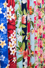 Rainbow Aloha Hawaiian Print Fabric On Sale At The Swap Meet On Oahu, Showing Tropical Hawaiian Concept