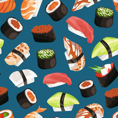 Poster - Vector cartoon sushi types pattern