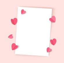 Empty White Paper Sheet Isolated On Pink Background With Decorative Hearts For Valentines Day, Mothers Day Or Wedding Design. Vector Illustration. Love Template. Top View