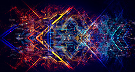 Printed circuit board in the server  executes the data/Abstract technological background made of different element printed circuit board and flares. Depth of field effect and bokeh