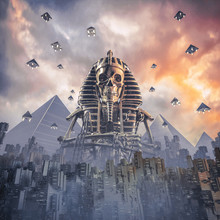 Gods Of New Egypt / 3D Illustration Of Science Fiction Scene Showing Skeleton Pharaoh Figure Rising Above Fictional Futuristic Egyptian City At Sunset With Pyramid Shaped Spaceships Rising Into Sky