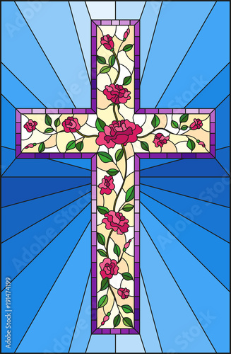 ilustracja-w-stylu-witrazu-z-chrzescijanskiego-krzyza-zdobia-rozowe-roze