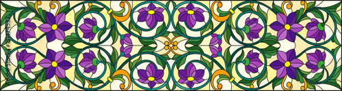 Dekoracja na wymiar  ilustracja-w-stylu-witrazu-z-abstrakcyjnymi-zawijasami-fioletowymi-kwiatami-i-liscmi-na-zolto