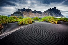 Great Wind Rippled Beach Black Sand. Location Vestrahorn, Iceland, Europe.