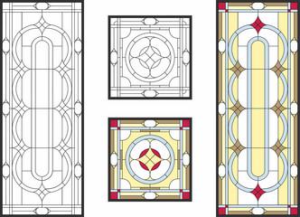 Abstract geometric floral pattern in a rectangular and square frame / Colorful stained glass window in classic style for ceiling or door panels, Tiffany technique. Vector set