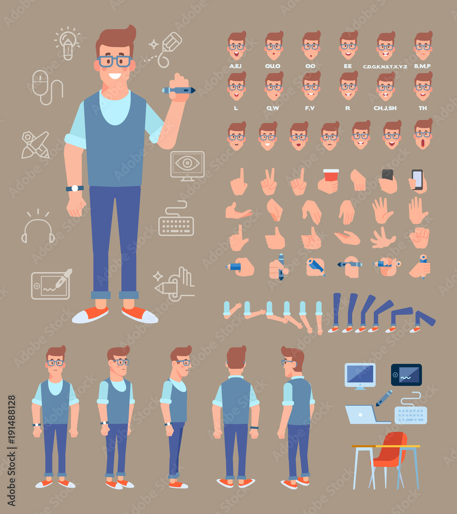 Front, side, back view animated character. Male Designer character ...