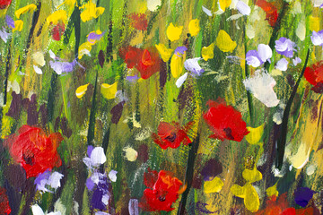 Wall Mural - Red poppies flower field - Original handmade abstract oil painting bright flowers made palette knife. Yellow, blue, purple abstract flowers. Macro impasto painting.