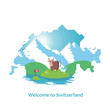 Double exposure, silhouette of a map of Switzerland with the Alps, meadow, cow and milk. On white background