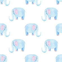 Cute Elephant Pattern. Seamless Watercolor Background With Blue Elephant Cartoon Character. Minimal Baby Or Children Print Design. Girl Nursery.