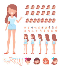 Canvas Print - Front, side, back, 3/4 view animated character. Young girl character constructor with various views, face emotions, lip sync, poses and gestures. Cartoon style, flat vector illustration.