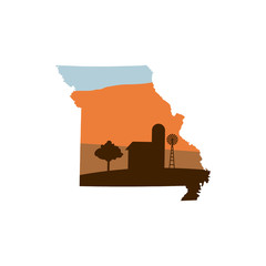 missouri state shape with farm at sunset w windmill, barn, and a tree