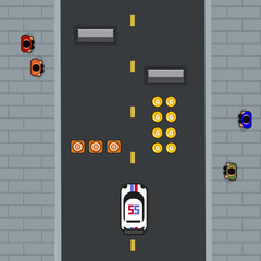 interface with item of racing game or traffic game and road city concept background. game design.