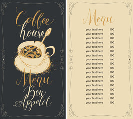 Wall Mural - Vector menu for coffee house with handwritten inscriptions, a broken coffee cup and a price list in a frame with swirls in retro style