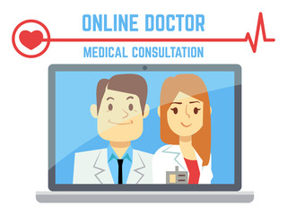 Canvas Print - Flat male and female online doctor, internet computer health service