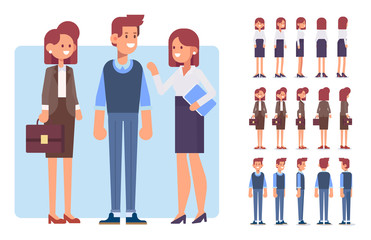 Male and female business people.  Flat Vector characters for your scenes. Character creation set with various views, face emotions. Parts of body template for design work and animation.