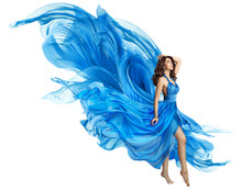 Woman Flying Blue Dress, Elegant Fashion Model In Fluttering Gown On White, Art Fabric Fly And Flutter On Wind