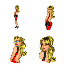Vector Pop Art Avatar Of Pin Up Sexy Girl With Purse And High Heel Shoes For Networking, Internet, Chat, Blog, Web. Great Icon For Invitation To Parties, Clubs Or Advertising Discounts And Sales.