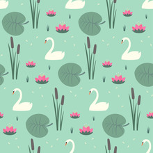 White Swans, Water Lily, Bulrush And Leaves Seamless Pattern On Mint Green Background. Cute Lake Life Art Background. Fashion Design For Fabric, Wallpaper, Textile And Decor.