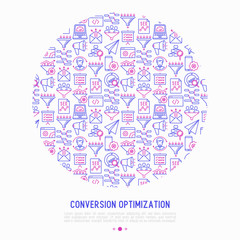 Wall Mural - conversion optimization concept in circle with thin line icons: marketing, customer management, seo 