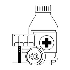 Sticker - medicine bottle with bandages vector illustration design