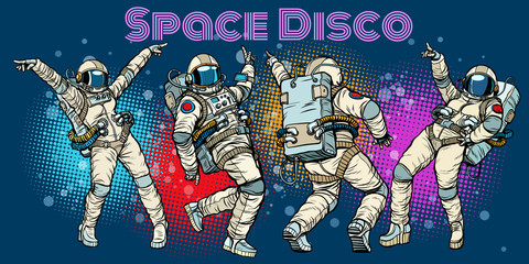 Disco party astronauts dancing men and women