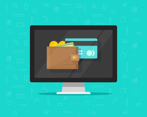 Wall Mural - Electronic wallet on computer vector illustration icon, flat cartoon design desktop pc screen with digital wallet and credit card, internet banking concept, wireless money transfer, internet cash