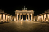 Germany, Berlin: Detail of illuminated  Brandenburg Gate (Brandenburger Tor) at night in the middle of the German capital. The 18th-century monument was built by Prussian king Frederick William II.