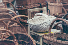 Hand-made Wicker Baskets Sold At The Bazaar For Shopping Or Mushroom Picking.