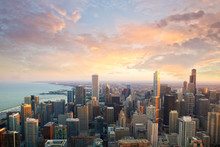 Chicago Skyline At Sunset Time Aerial View, United States