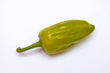 A green chili jalapeno on white background . Single jalapeno pepper isolated on white background