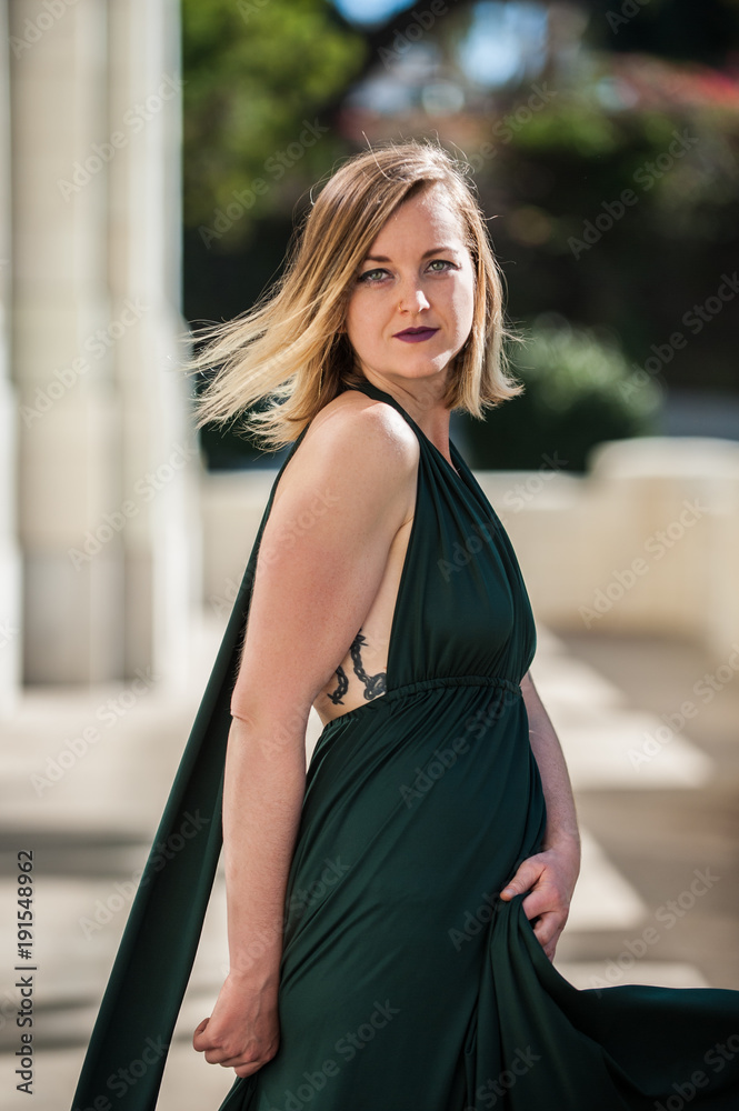 slim fit dress slacks Emerald Green Metallic Blouson Halter Dress main image 0