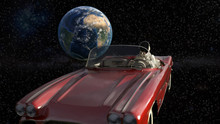 spaceman travelling in a roadster