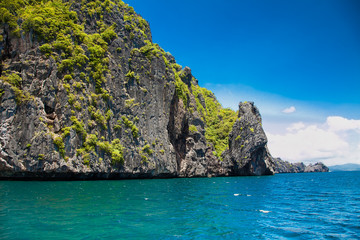  Scenic landscape with mountain islands and blue lagoon El Nido at Palawan. Philippines.