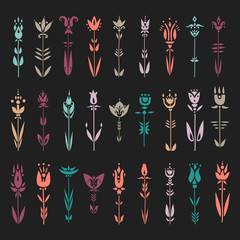 Poster - Vector set of decorative colored flowers in ethnic style on a black background.