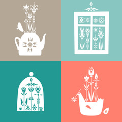 Poster - Vector set of spring elements decorated with flowers. Vintage teapot, window, glass cap and bird.