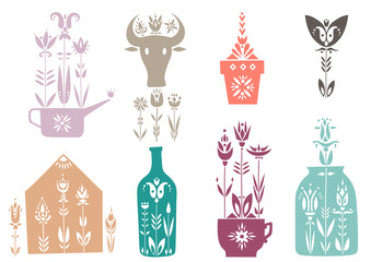 Poster - Vector set of spring elements decorated with flowers. Watering can, cow, flowerpot, seedling, greenhouse, bottle, mug, jar.