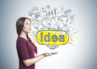 Poster - Pensive long hair woman, tablet, idea