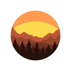 Sticker - Minimalistic round icon with silhouette of pine forest, mountain ridge and beautiful evening sky. Natural scenery with sunset. Flat vector design for poster