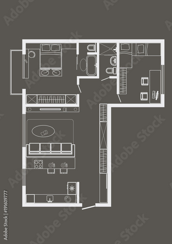Linear Architectural Sketch Plan Of Standart Two Bedroom