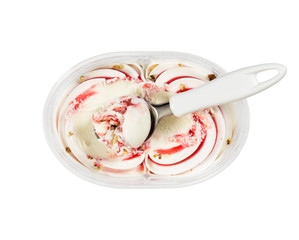 Wall Mural - Plastic container with vanilla-strawberry ice cream and nuts